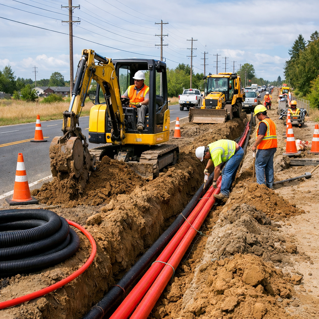 Construction crews trenching along the roadside for underground utility installation-1