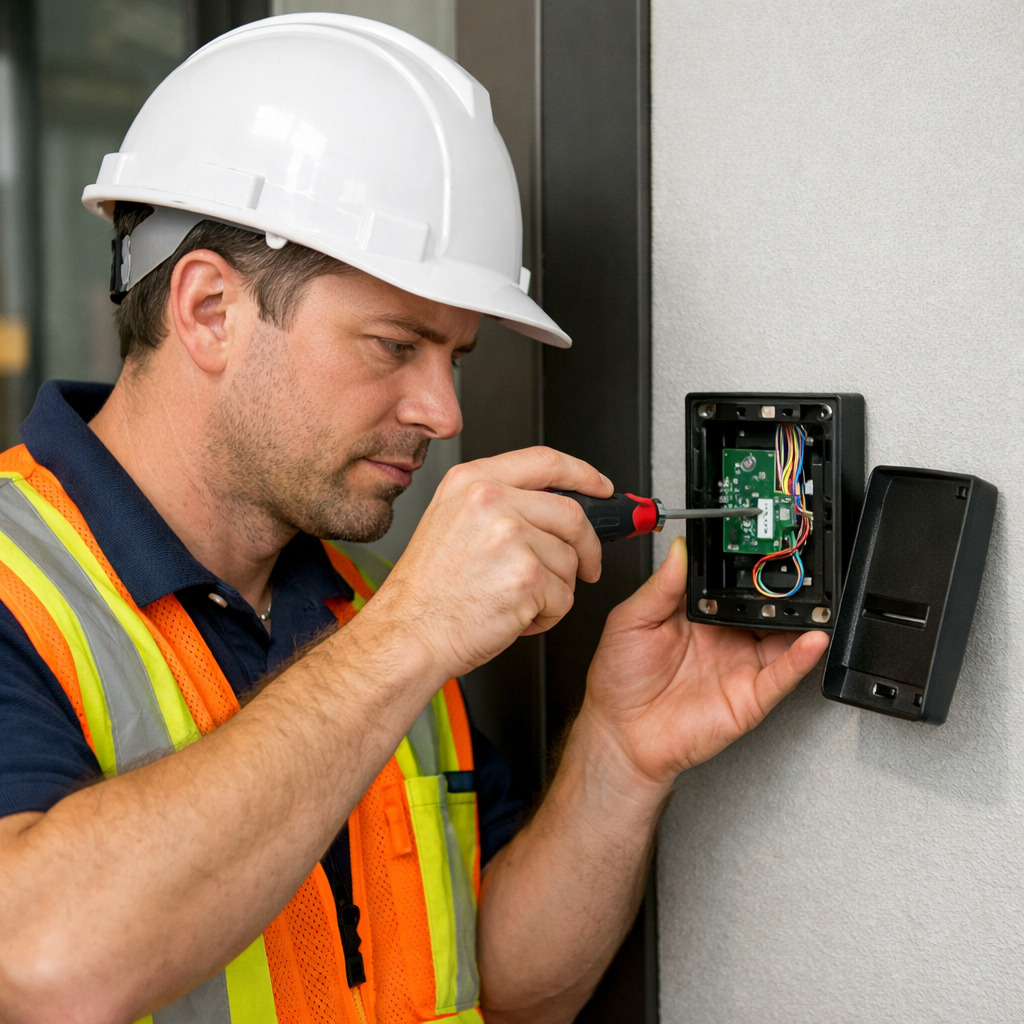 i need a picture of the same width and height that shows a technician in construction hat and safety vest that is working on or installing a card read