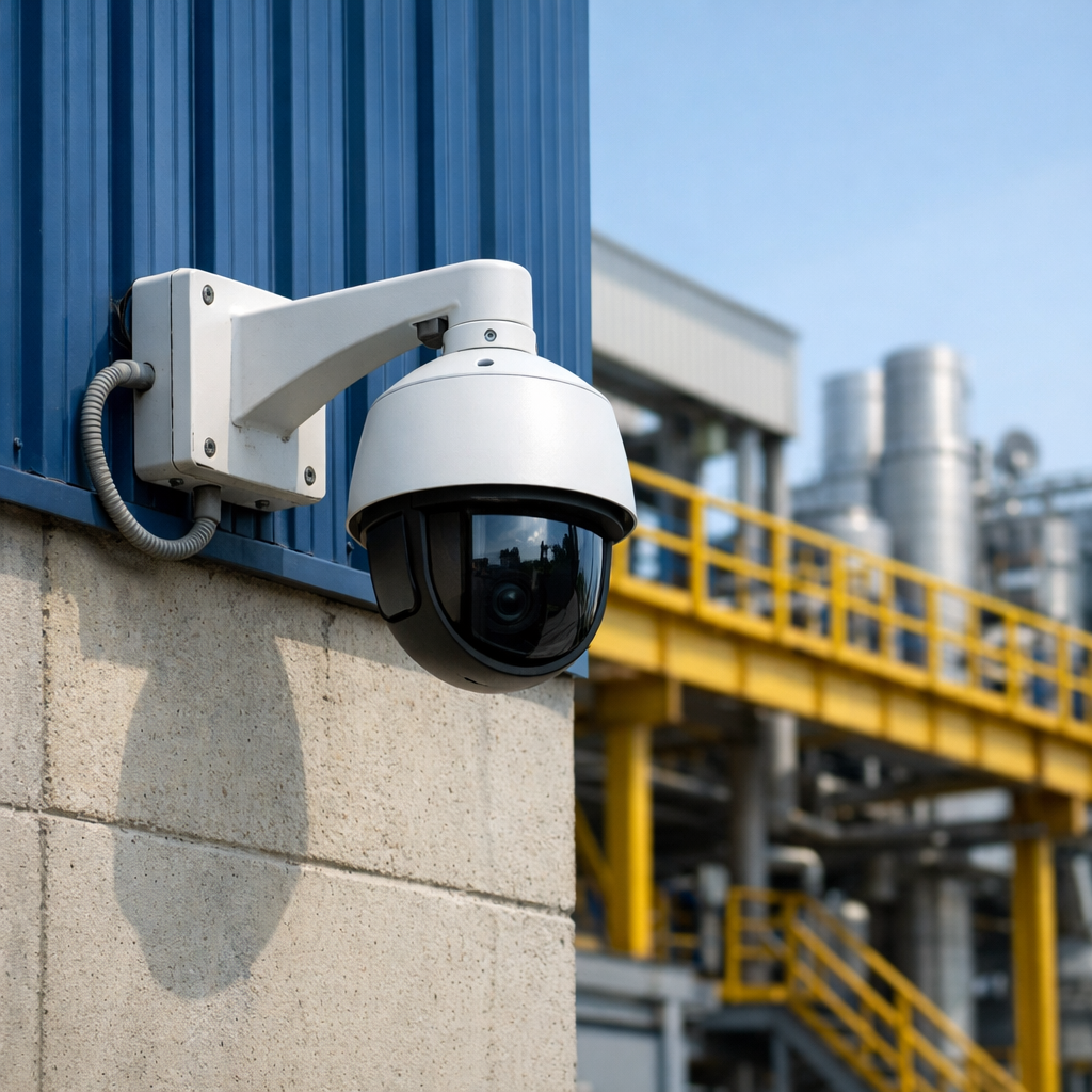 ok can you generate a pic of a securiy camera on the side of a manufacturing buildiong-1